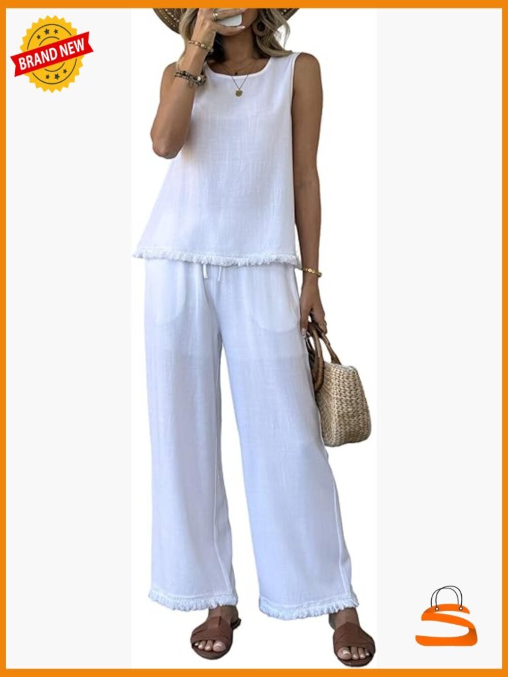 Linen 2 Piece Outfits Summer Boho Tassel Tank Wide Leg Pants Set Tracksuit